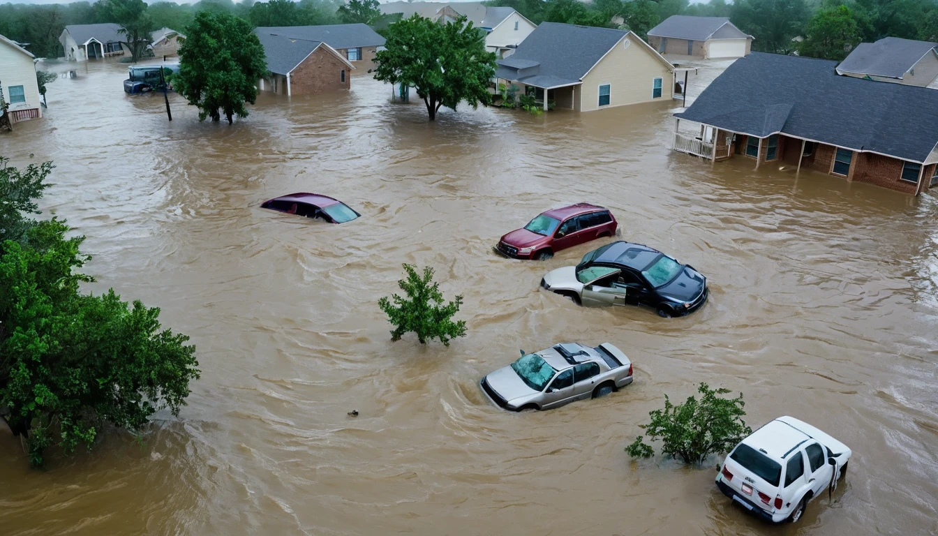 whoa, dramatic image depicts a chaos scenario. Hurricane with strong winds causes flooding and destruction in Texas. People trapped in floating cars, Submerged houses and debris in the violent flood.