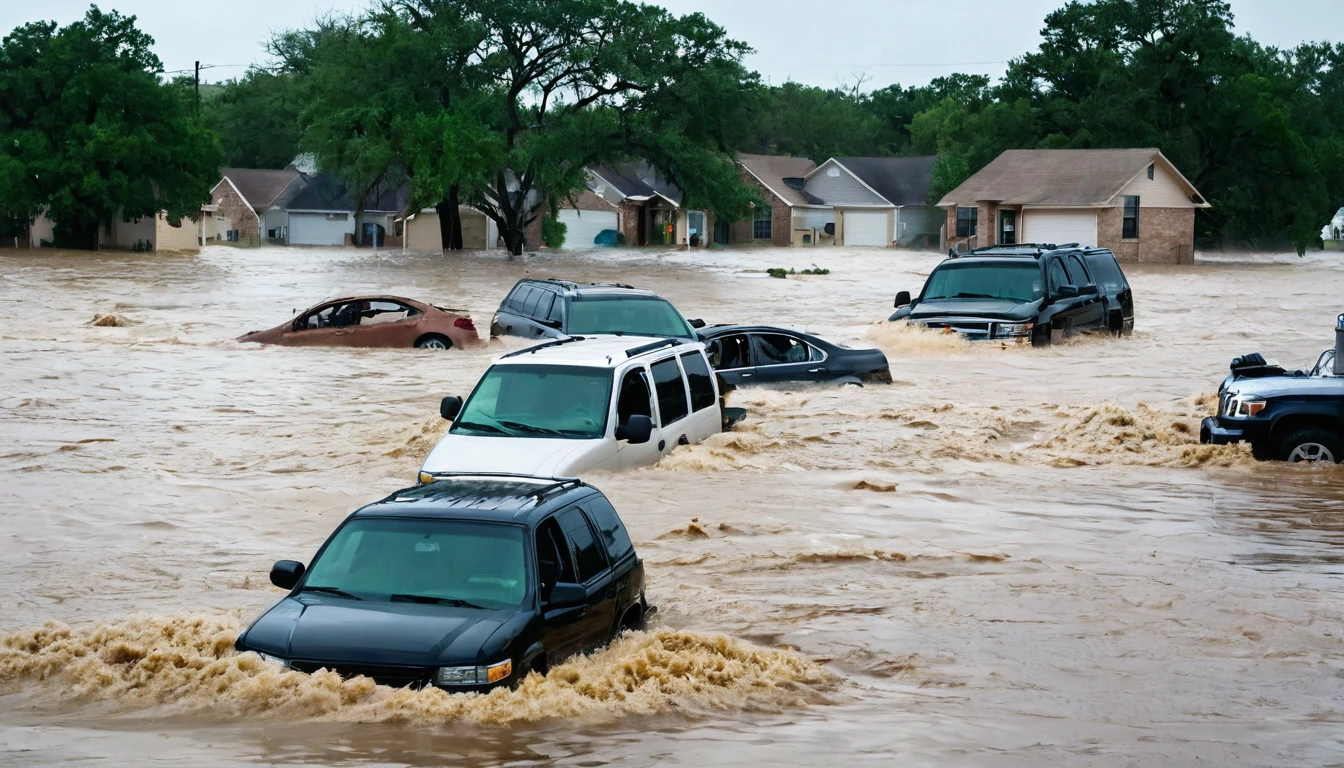 whoa, dramatic image depicts a chaos scenario. Hurricane with strong winds causes flooding and destruction in Texas. People trapped in floating cars, Submerged houses and debris in the violent flood.