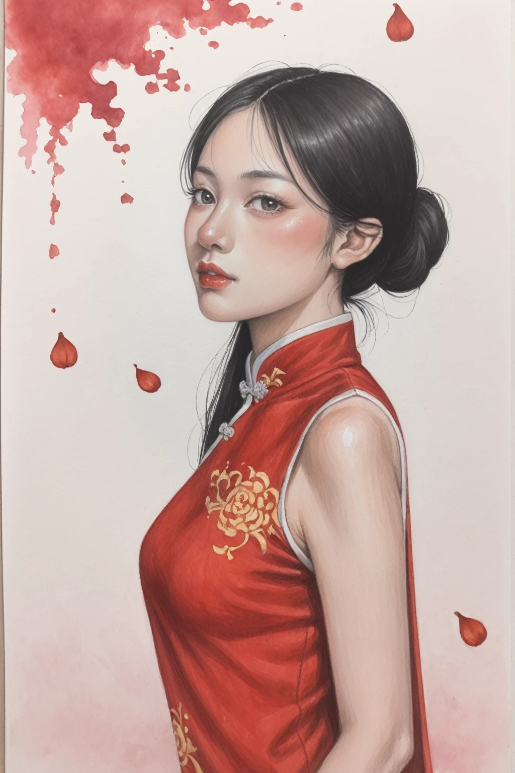 realistic,score_9, score_8_up, score_7_up,
a beautiful girl, black hair, solo pose, detailed face, traditional Chinese ink painting, ink dyeing, watercolor techniques, Chinese brush painting styles, cheongsam, ink-dyed background, red ink petals, ethereal effect, centrally located, delicate appearance, intricate patterns, serene, striking artwork,SideBoob,