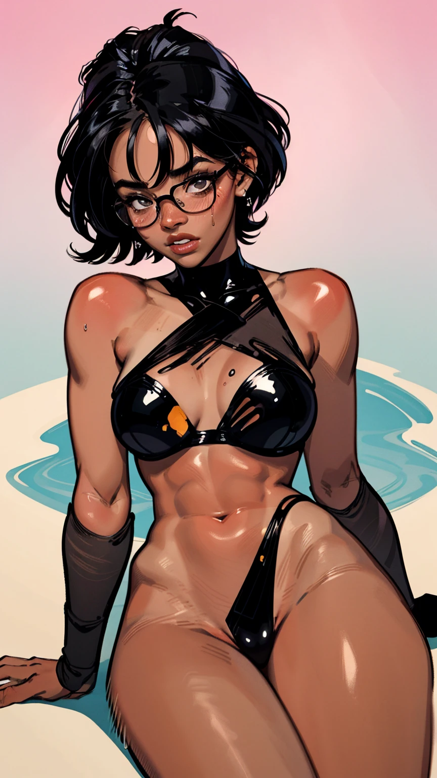 Woman, dark tan skin, hot fit and toned body, fully nude, thick breasts, black pixie cut hair, circle glasses, laying back, open legs, very sweaty, blushing, lustful