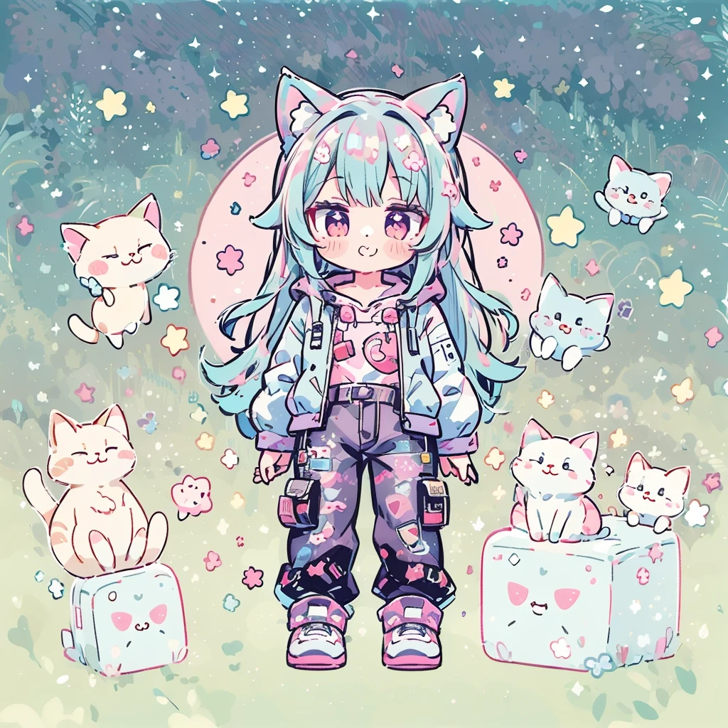 ((Highest quality,masterpiece,Extremely complex and exquisite details,A short girl with gray and blue cat ears and long hair is in the center,Gray blue super long straight hair,Curly hair at the ends,Sparse air bangs,Gray and pink T-shirt with xJ lettering,Denim hooded cropped jacket,Black and gray long cargo pants)),(pink and white sneakers,Smile slightly,Surrounded by tons of cute short-legged cats,Correct anatomy),Super Q super cute short full body portrait,Starry sky background vertical painting space scene