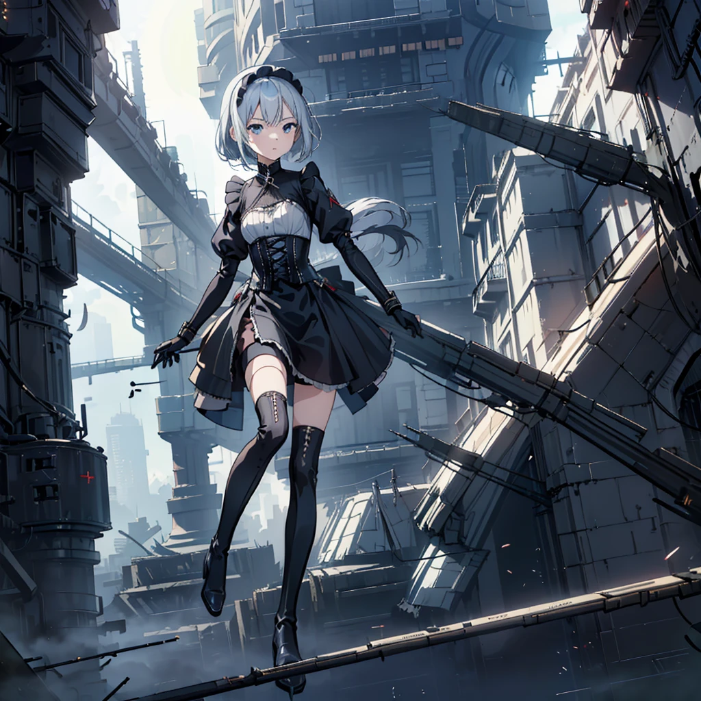 Illustration of one person, Dengeki Bunko, Woman Looking Back, Perfect Human Medicine, Woman keeps falling, {{{{{Maid clothes}}}}},Small Tits,anime, Two legs, Cool,{{{{{50 year old woman}}}}} ,{{{{{a person is depicted}}}}},(Official Art、{{{{{Upper Bodyアングル}}}}},Highest quality、Unity 8k wallpaper、32k、masterpiece、Ultra-detailed、Ultra-high resolution, Realistic、Grab your hair with your hands, Photorealistic:1.2)、(Cinema Lighting:1.2)、,Fire Glow Effect、The most grainy shadows on the film、Rim Light、Side light、Side Shot、(Ultra-detailedで複雑な3Dレンダリング)、Very short hair, Short wolf hair,細部までBeautiful Faceと目、Sharp pupils、Realistic生徒、Slender、Highly detailed background、Beautiful Face、Beautiful 16 year old girl、(Ultra-detailedなスキン、Detailed skin texture:1.Silver Hair:1.3)、Blunt bangs、blue eyes、{{{{{黒いMaid clothes}}}}}、White apron costume、Black knee socks、(Thighs Thighs Thighs Thighs:0.8)、Black Bhutanese sticks and a beautiful sunset、Medieval castle、Dancing on the Tower Roof、(avert your eyes、Overlooking the city:1.3)、Fantastic、Close your mouth and bite, Makes your face smaller, (Tabletop), Highest quality, Perfect Face, 1 Girl, alone, Eye color is light blue, Hair between the eyes, Very Short Hair, blue eyes, Silver Hair, Knee-high boots, corset,Black gloves, Long sleeve, Upper Body,