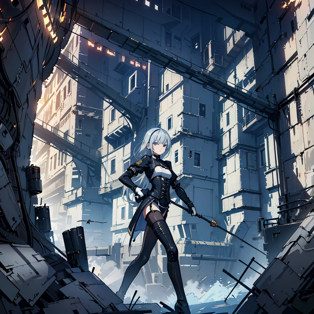 Illustration of one person, Dengeki Bunko, Woman Looking Back, Perfect Human Medicine, Woman keeps falling, {{{{{Maid clothes}}}}},Small Tits,anime, Two legs, Cool,{{{{{50 year old woman}}}}} ,{{{{{a person is depicted}}}}},(Official Art、{{{{{Upper Bodyアングル}}}}},Highest quality、Unity 8k wallpaper、32k、masterpiece、Ultra-detailed、Ultra-high resolution, Realistic、Grab your hair with your hands, Photorealistic:1.2)、(Cinema Lighting:1.2)、,Fire Glow Effect、The most grainy shadows on the film、Rim Light、Side light、Side Shot、(Ultra-detailedで複雑な3Dレンダリング)、Very short hair, Short wolf hair,細部までBeautiful Faceと目、Sharp pupils、Realistic生徒、Slender、Highly detailed background、Beautiful Face、Beautiful 16 year old girl、(Ultra-detailedなスキン、Detailed skin texture:1.Silver Hair:1.3)、Blunt bangs、blue eyes、{{{{{黒いMaid clothes}}}}}、White apron costume、Black knee socks、(Thighs Thighs Thighs Thighs:0.8)、Black Bhutanese sticks and a beautiful sunset、Medieval castle、Dancing on the Tower Roof、(avert your eyes、Overlooking the city:1.3)、Fantastic、Close your mouth and bite, Makes your face smaller, (Tabletop), Highest quality, Perfect Face, 1 Girl, alone, Eye color is light blue, Hair between the eyes, Very Short Hair, blue eyes, Silver Hair, Knee-high boots, corset,Black gloves, Long sleeve, Upper Body,