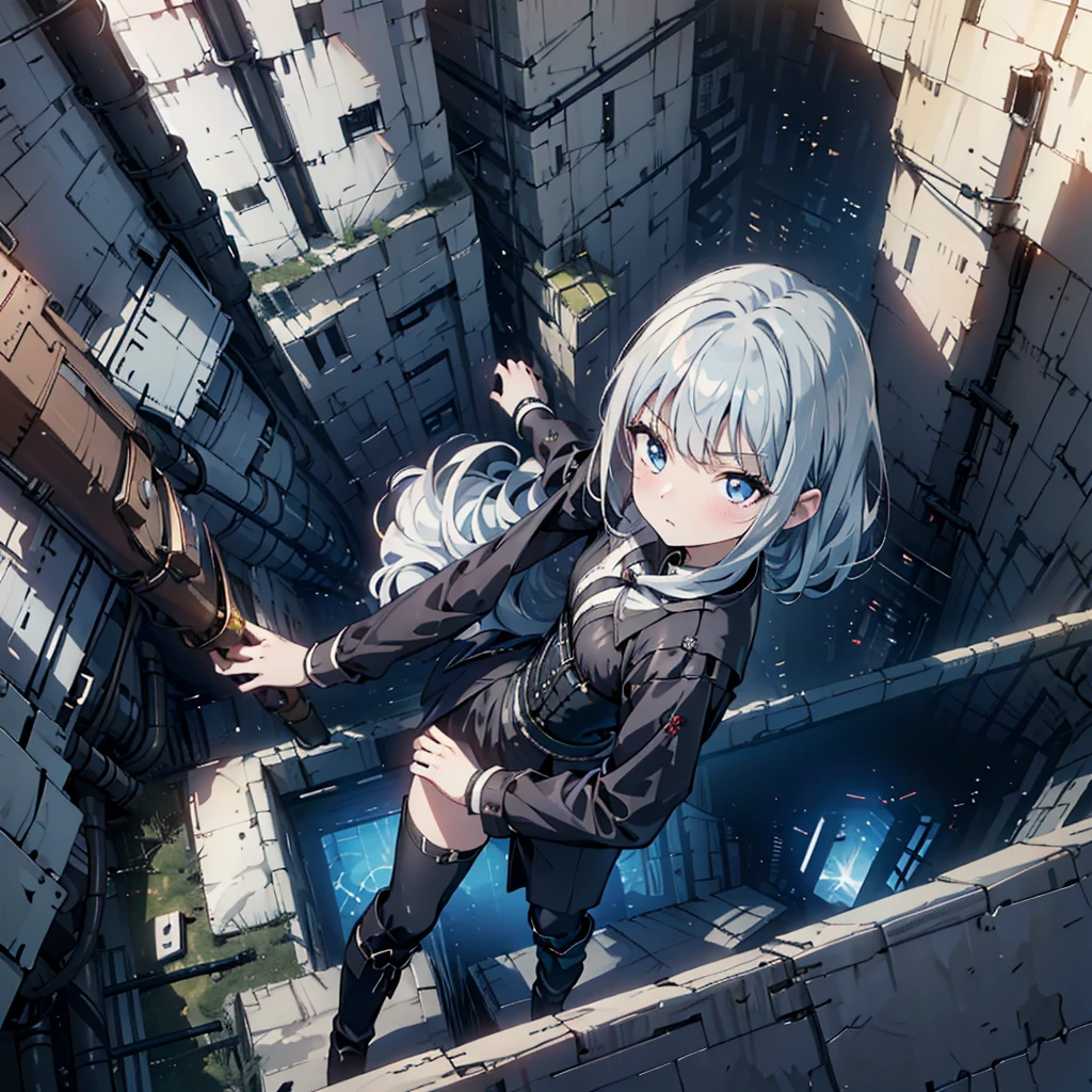 Illustration of one person, Dengeki Bunko, Woman Looking Back, Perfect Human Medicine, Woman keeps falling, {{{{{Maid clothes}}}}},Small Tits,anime, Two legs, Cool,{{{{{50 year old woman}}}}} ,{{{{{a person is depicted}}}}},(Official Art、{{{{{Upper Bodyアングル}}}}},Highest quality、Unity 8k wallpaper、32k、masterpiece、Ultra-detailed、Ultra-high resolution, Realistic、Grab your hair with your hands, Photorealistic:1.2)、(Cinema Lighting:1.2)、,Fire Glow Effect、The most grainy shadows on the film、Rim Light、Side light、Side Shot、(Ultra-detailedで複雑な3Dレンダリング)、Very short hair, Short wolf hair,細部までBeautiful Faceと目、Sharp pupils、Realistic生徒、Slender、Highly detailed background、Beautiful Face、Beautiful 16 year old girl、(Ultra-detailedなスキン、Detailed skin texture:1.Silver Hair:1.3)、Blunt bangs、blue eyes、{{{{{黒いMaid clothes}}}}}、White apron costume、Black knee socks、(Thighs Thighs Thighs Thighs:0.8)、Black Bhutanese sticks and a beautiful sunset、Medieval castle、Dancing on the Tower Roof、(avert your eyes、Overlooking the city:1.3)、Fantastic、Close your mouth and bite, Makes your face smaller, (Tabletop), Highest quality, Perfect Face, 1 Girl, alone, Eye color is light blue, Hair between the eyes, Very Short Hair, blue eyes, Silver Hair, Knee-high boots, corset,Black gloves, Long sleeve, Upper Body,