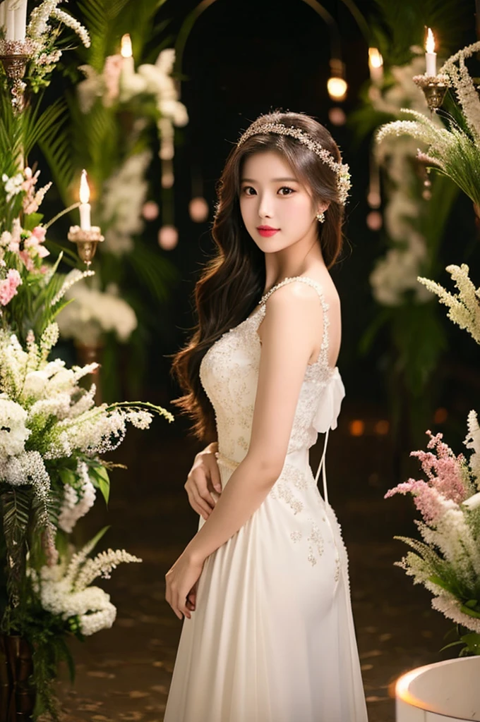 Generate an image of an extraordinarily beautiful 20-year-old Asian woman standing alone, whose beauty rivals that of a goddess of the fire element. She has large brown eyes, dark brown hair, glowing skin, and a captivating appearance. She is wearing a stunning white wedding dress that accentuates her elegance. The woman stands charmingly alone, her beauty appearing as if blessed by nature, in a very romantic and lovely aisle adorned with flowers and soft lighting, exuding a magical and serene atmosphere.