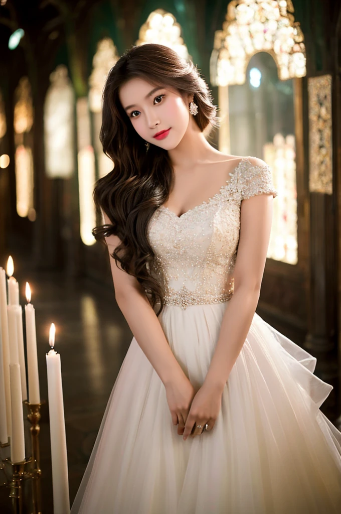 Generate an image of an extraordinarily beautiful 20-year-old Asian woman standing alone, whose beauty rivals that of a goddess of the fire element. She has large brown eyes, dark brown hair, glowing skin, and a captivating appearance. She is wearing a stunning white wedding dress that accentuates her elegance. The woman stands charmingly alone, her beauty appearing as if blessed by nature, in a very romantic and lovely aisle adorned with flowers and soft lighting, exuding a magical and serene atmosphere.