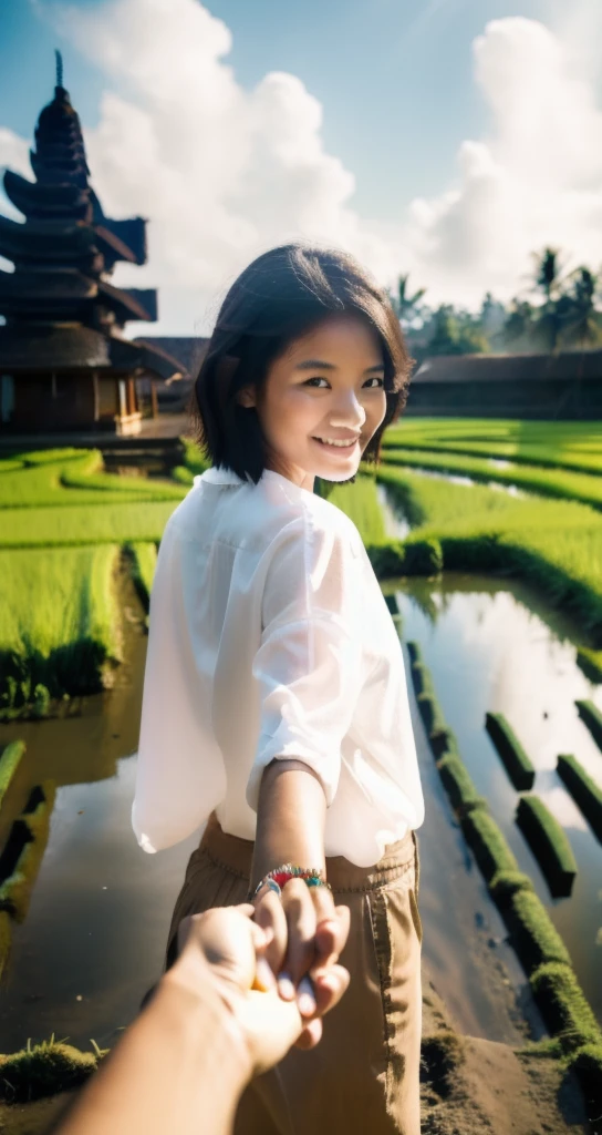 bf_holding_hands,  walking to rice fields in bali, rainbow, 
detailed,8k, detailed shadow, 1botomless girl, Omertosa, short hair, black hair, white transparant shirt, jewelry ,(masterpiece,best quality),
