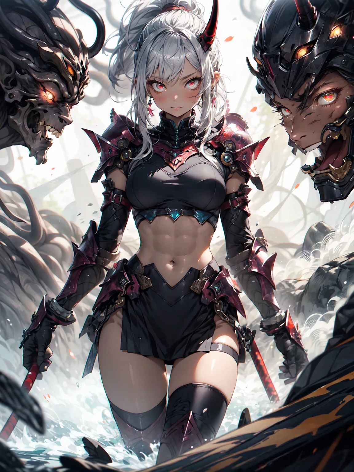 Be realistic，（masterpiece，Highest quality，Highest quality，Very detailed，Fractal Art，Most detailed，（Abstract background：1.5）（1 Girl），Kamimei，（Silver Hair Ponytail），（Red eyes glow、Big Breasts、Toned Abs，Stunned)，Abyss Stick、crystallization，Swimsuit、High leg、Sexy、Machine Armor、Sunburned skin、Demon Horn、Berserk、mini skirt、Large scratches