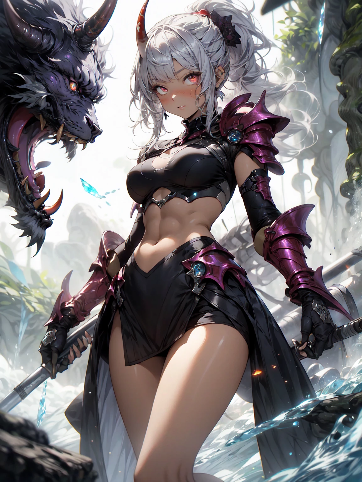 Be realistic,(masterpiece,Highest quality,Highest quality,Very detailed,Fractal Art,Most detailed,(Abstract background:1.5)(1 Girl),Kamimei,(Silver Hair Ponytail),(Red eyes glow、Big Breasts、Toned Abs,Stunned),Abyss Stick、crystallization,Swimsuit、High leg、Sexy、Machine Armor、Sunburned skin、Demon Horn、Berserk、mini skirt、Large scratches