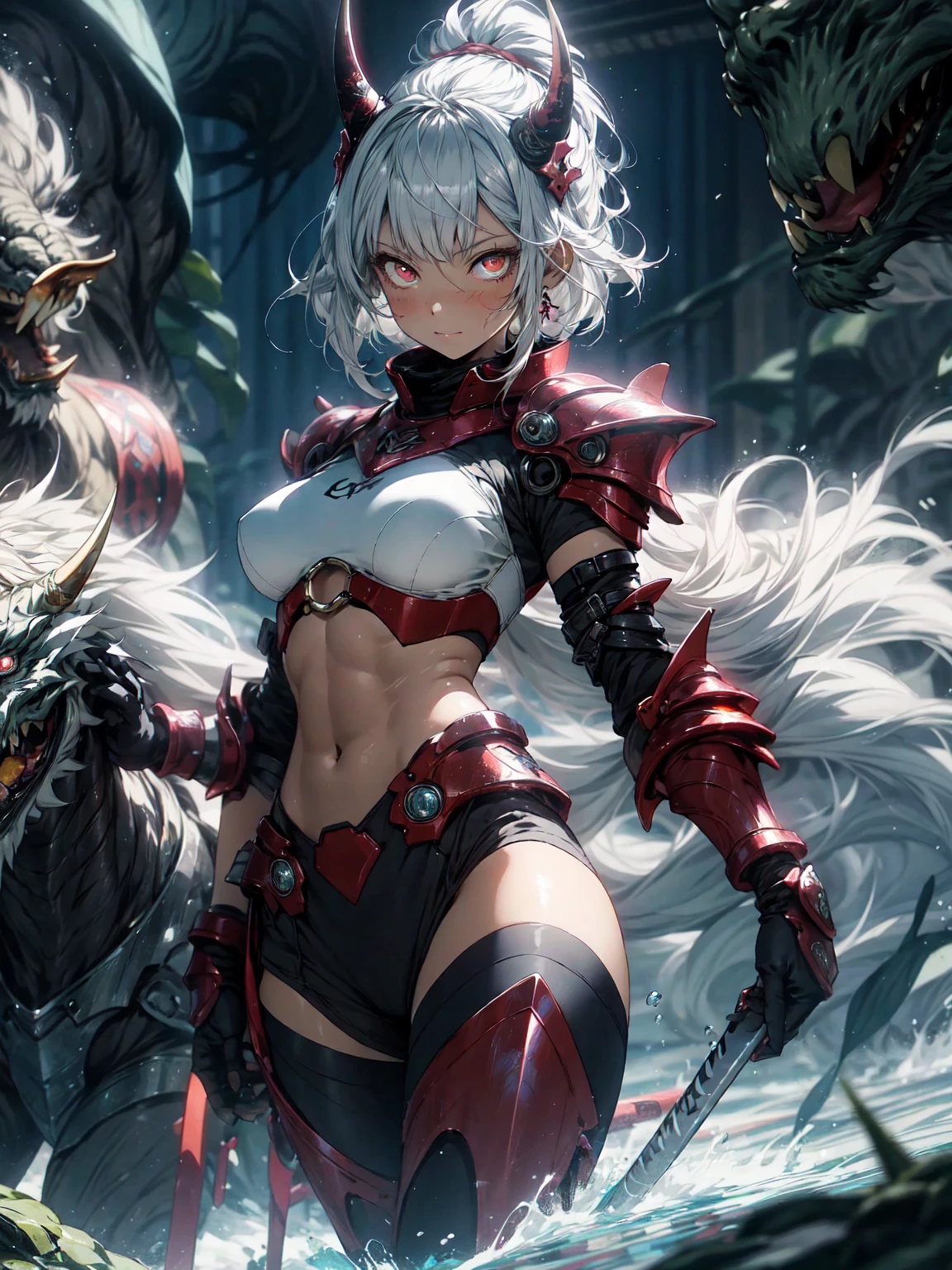 Be realistic,(masterpiece,Highest quality,Highest quality,Very detailed,Fractal Art,Most detailed,(Abstract background:1.5)(1 Girl),Kamimei,(Silver Hair Ponytail),(Red eyes glow、Big Breasts、Toned Abs,Stunned),Abyss Stick、crystallization,Swimsuit、High leg、Sexy、Machine Armor、Sunburned skin、Demon Horn、Berserk、mini skirt、Large scratches