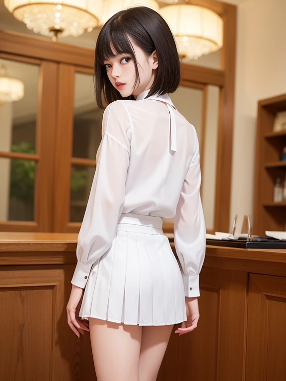 (masterpiece、Highest quality:1.7)、(13 years old:1.5)、(Knee shot from behind:1.5)、Bobcut、Black Hair、85mm、16K、Official Art、RAW Photos、Best Beautiful Faces、Close-up、Violet、Gardenia、The best beautiful girl、very cute、Red blush on cheeks、indoor、(Are standing:1.8)、Film Grain、Chromatic Aberration、Sharp Focus、(((Nice hands、Perfect hands、Perfect Fingers、Thin and delicate fingers、A perfect body without flaws)))、Detailed face、(Slender body:1.5)、(Slender body:1.4)、(Slim upper body:1.4)、(Small breasts:1.8)、(Let your bangs hang down:1.8)、(Blushing:1.8)、(Low contrast lighting:1.2)、(White tight business blouse with collar:1.5)、(White bow tie blouse:1.4)、(Long sleeve: 1.3)、(White pleated mini skirt:1.5)、(Eyes closed:1.5),Leg focus