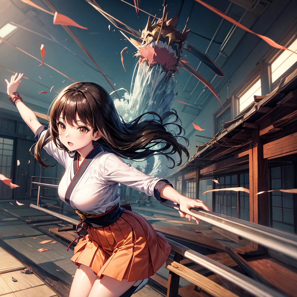 anime girl ( japanese  outfit, Brown eyes ) fleeing, cenario ( abandoned school )