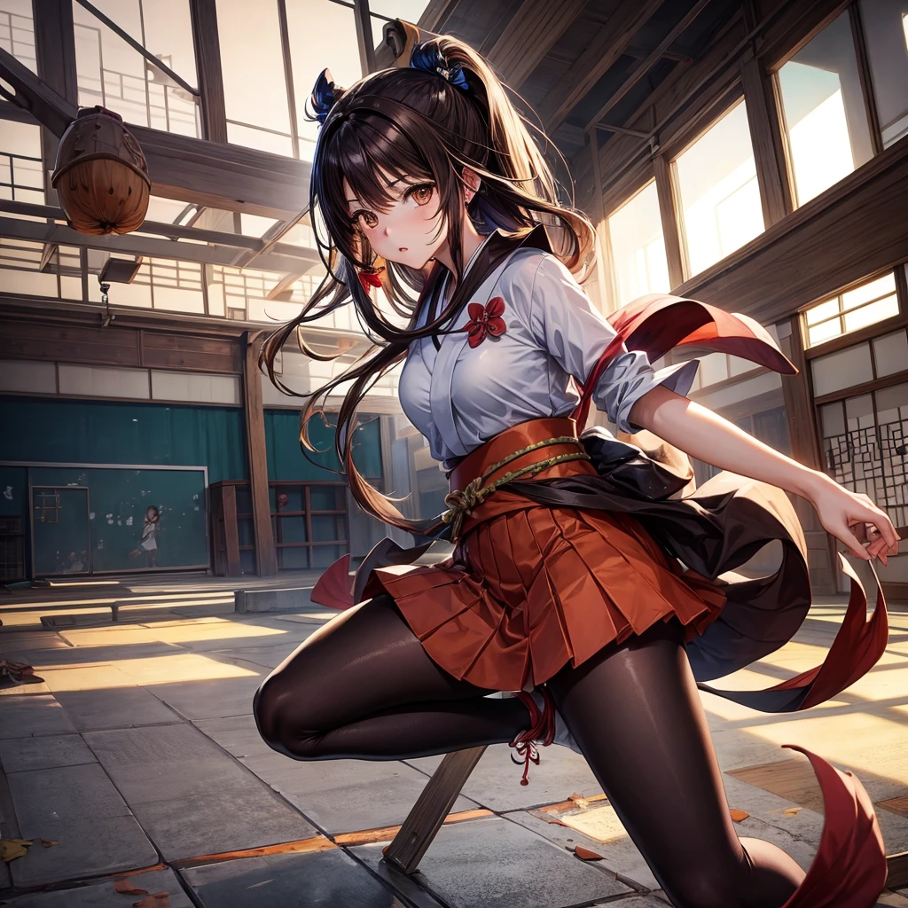 anime girl ( japanese outfit, Brown eyes ) fleeing, cenario ( abandoned school )