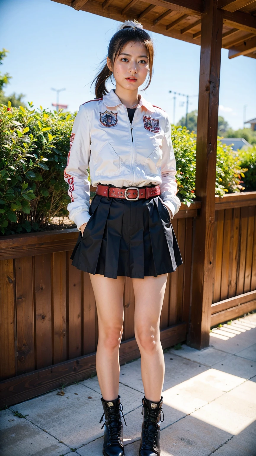 (8K、RAW Photos、Highest quality、masterpiece:1.2)、(Realistic、Realistic)、1 Girl、((Black mini skirt、Jacket、ponytail、smile、Thin legs、whole body、boots、one piece、garden、View from the front、Looking into the camera、belt、Stand with hands on hips))、cute