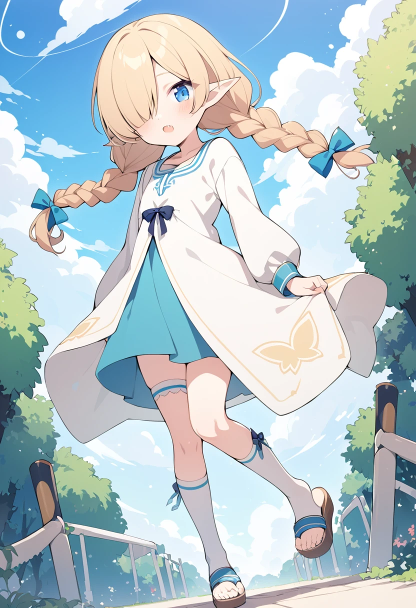 BREAK Perfect Anatomy、(High resolution:1.2)、Incredible illustrations、(Cute illustrations:1.2)、(Beautiful background(bushes in the park)) 1little girl((multicolored hair,hair over one eye, twin braids,blue eyes,fang)1girl((a girl,elf 1.5meters, 25kg,18 years old female, ((tunic,thigh-high socks, sandals),tilting head:1.4