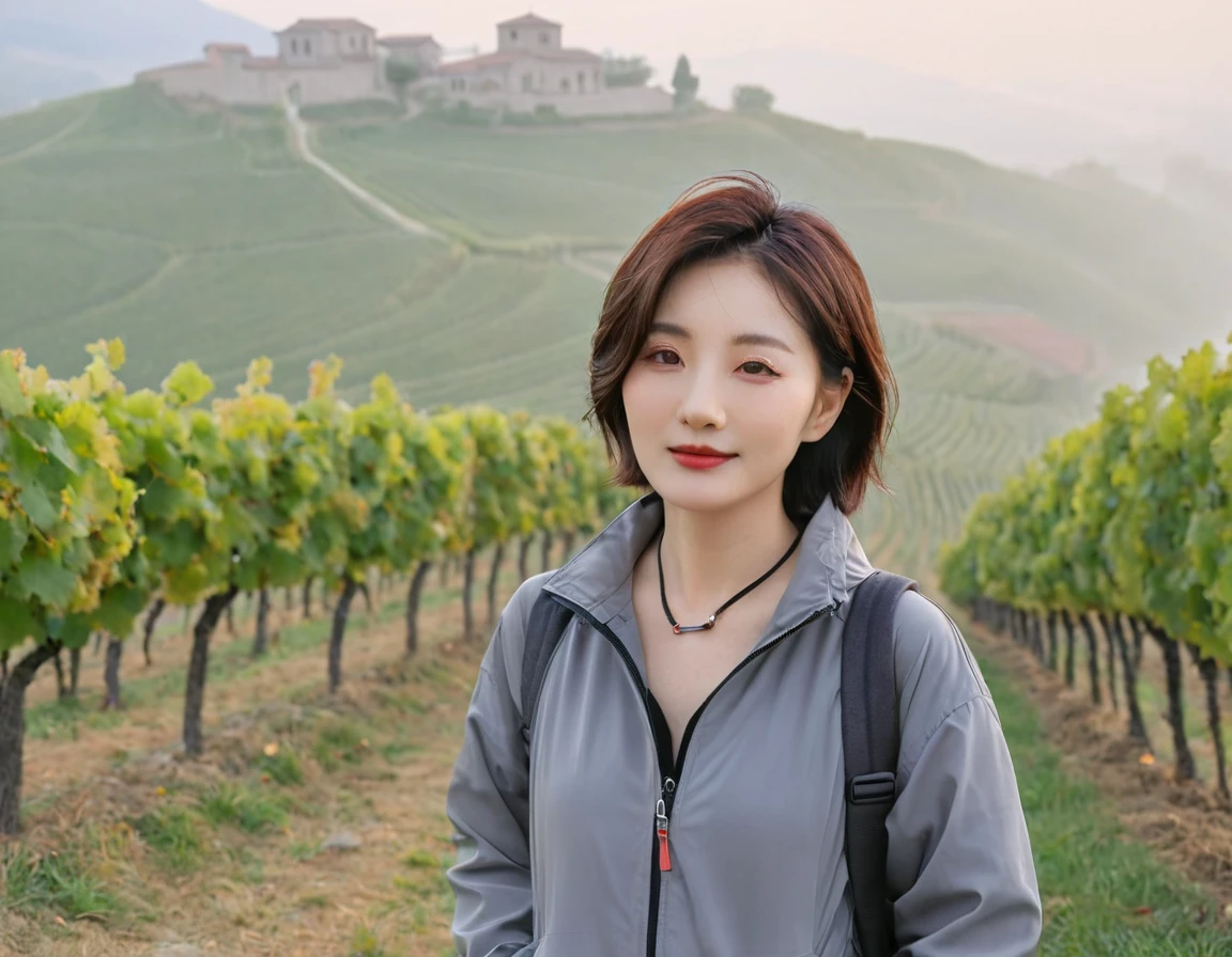8k best picture quality, Beautiful 36-year-old Korean woman, short and nice weather. Chest size 34 inches, Dense fog at dawn in the Italian countryside, past the vineyard, The cathedral is visible in the fog in the distance., The back background is realistic and vivid quality., Short and medium hair blowing in the wind, Wear a neck collar, a windbreaker, and gray jeans., a faint smile. the background is clear, Short and slim Korean woman, stand far away, Photo taken with a wide-angle lens, Taken from a hill overlooking a misty vineyard, Full body photo taken with Canon Mark 5 camera 16-35 wide angle lens