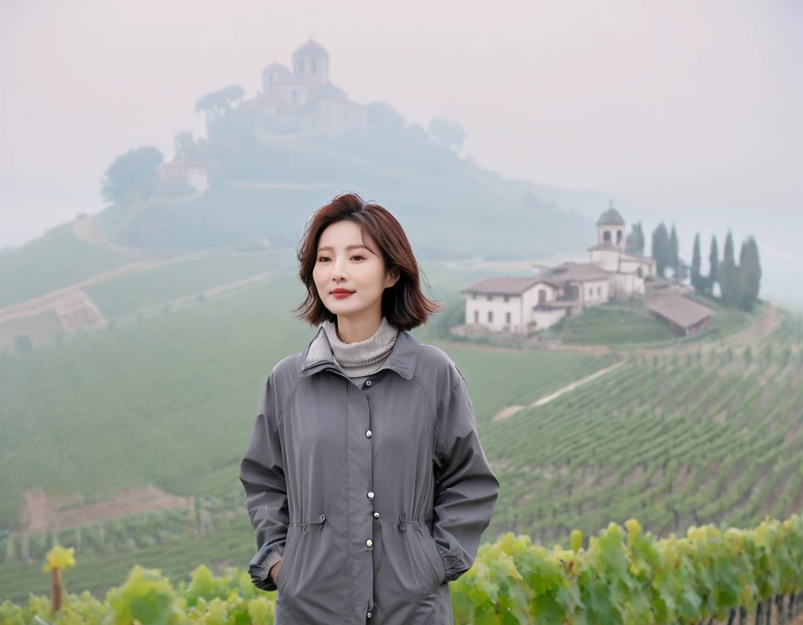 8k best picture quality, Beautiful 36-year-old Korean woman, short and nice weather. Chest size 34 inches, Dense fog at dawn in the Italian countryside, past the vineyard, The cathedral is visible in the fog in the distance., The back background is realistic and vivid quality., Short and medium hair blowing in the wind, Wear a neck collar, a windbreaker, and gray jeans., a faint smile. the background is clear, Short and slim Korean woman, stand far away, Photo taken with a wide-angle lens, Taken from a hill overlooking a misty vineyard, Full body photo taken with Canon Mark 5 camera 16-35 wide angle lens