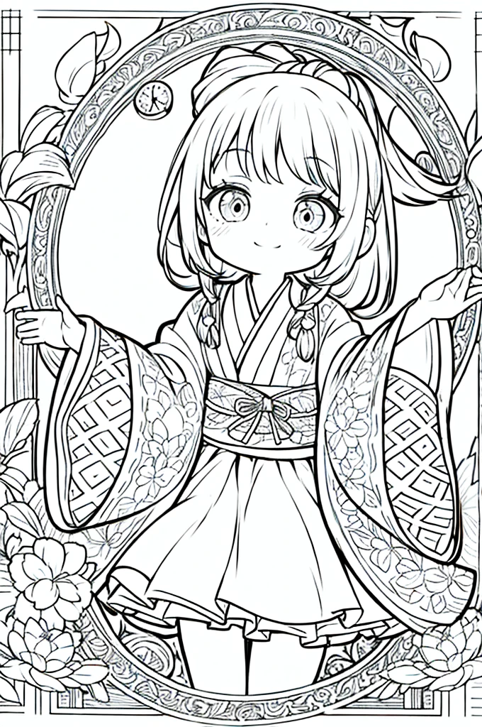 One girl, Create a  chibi version of the Alice character in an 8K resolution, coloring pages, simplified zentangle, coloring book outline, black and white only, no outline, intricate designs, coloring book, celtic design, intricate lines, no gradients, Chibi, best quality, paper doll, shadow puppet, stained glass background, clockpunk, Andersen,A girl with a ponytail is wearing a kimono with a crane pattern, practicing kendo in a dojo, and wearing a headband as a hair accessory, It's sunny, Detailed eyes, clear outlines, kawaii pose, A smile, Raise your right hand, Eye Up, Laugh, radiant light, Taken from the side. She should look adorable and cute. Give him a smiling expression and a sweet smile on his face, capturing the essence of the character in a delicate and charming way.