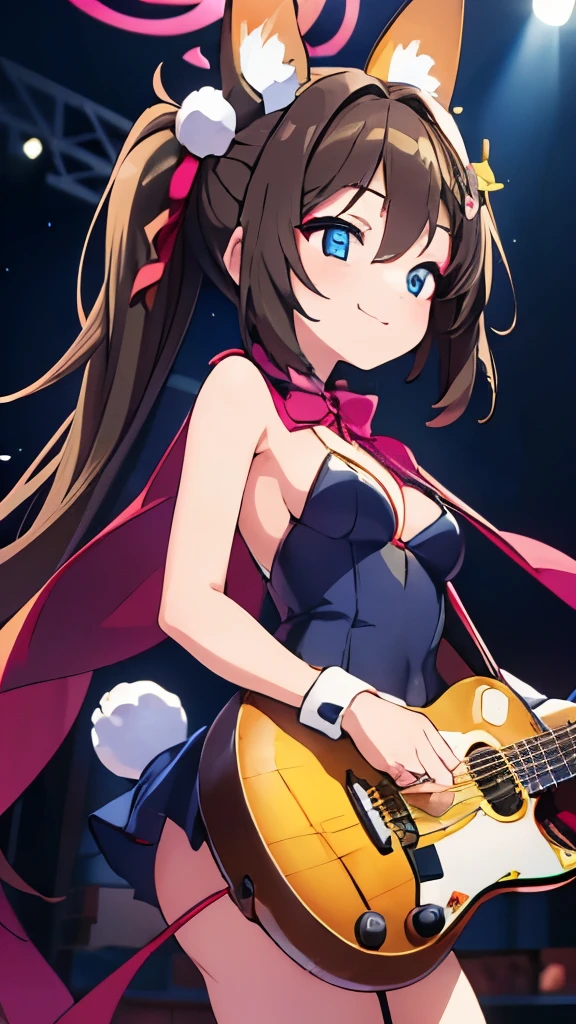 ((masterpiece)), ((best quality)), (ultra-detailed), anime style, Live performance venue, a cute girl, 1girl, solo, playing the guitar00, bunny girl00, ((beautiful eyes))0, smile