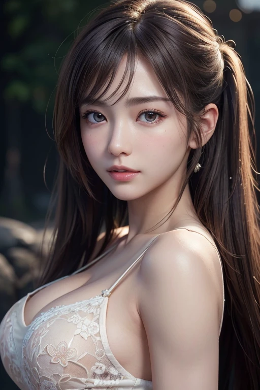 ((Highest quality)),(超High resolution),(Very detailed),(Detailed Description),((The best CG)),(masterpiece),Very detailedなアート、(Highest quality、8K、32k、masterpiece:1.2)、(Realistic)、(Realistic:1.2)、(High resolution)、Very detailed, (Close-up face:1.6), Very beautiful face and eyes, Big eyes, 1 female、Pale skin:1.4, Shine, Transparent muscles:1.2、((Ultra-Realistic Details))、Portraiture、All the characters are super realistic.:1.6、Global Illumination、Octane Rendering:1.2, The best beautiful girl,Very detailed, High resolutionのRAWカラー写真, Professional photography, Realistic portrait, Cinematic Light, With a small face、Pale Cheeks:1.1、(( With random expressions:1.4 ))、((Beautiful Eyes、Light enters the eyes:1.4、Staring at a lover、Adorable eyes:1.2 )) 、((Shiny Hair Brown twin tails, 、Delicate texture、Voluminous Hair:1.1、Thick Hair:1.2 )), Natural Makeup、Beautiful big ,(Big ample breasts:1.2)、Captivating beauty、Captivate what you see、Tight waist、Delicate body、(Highest quality、Attention to detail、)、(Oil paint:1.2)、Very detailed、(Realistic、Realistic:1.37)、Bright colors、(Deep neckline Beautiful random color damask dress:1.4), (Front Focus), (Front Focus), (In the Dark:1.6), Outdoor 、A spacious space with greenery and flower beds々and space々and::1.4、Garden 、wind , From the side 、