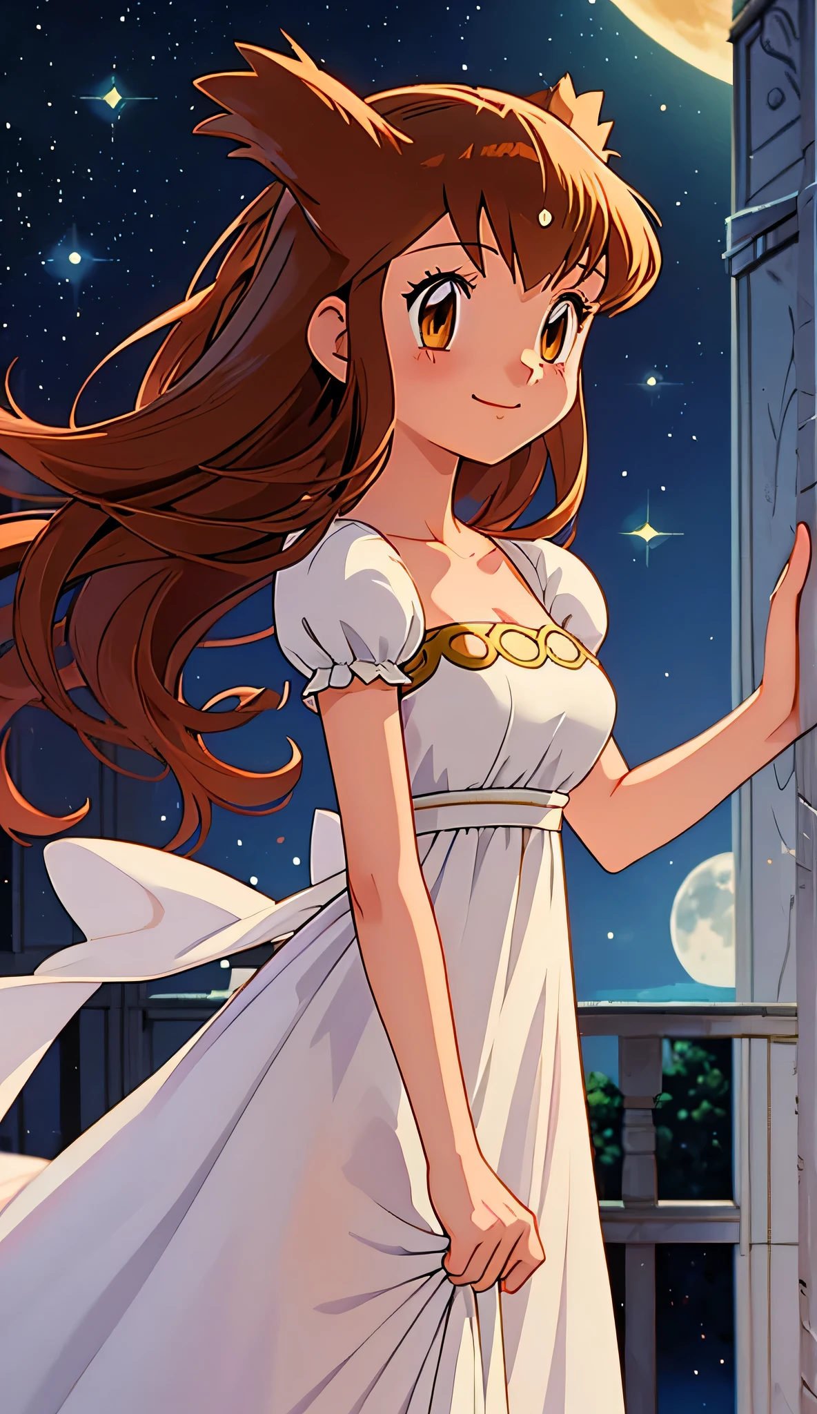 masterpiece, best quality, ultra-detailed, illustration, beautiful detailed eyes, very detailed illustration, cinematic lighting, 1 girl, solo, Pokemon Heroes (Bianca), Brown Hair, brown eyes, 1 girl, solo, princess serenity’s white maxi dress, full moon, mansion, anime screencap, high quality, light smile, standing, Looking at viewers
