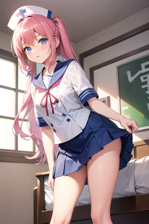 A beautiful with a slender figure、Pink hair in a ponytail、blue eyes、She rolls up her uniform skirt to show her white underwear.、White blouse with sailor collar、Blue ribbon、Japanese school girl uniform、、Blue knee-length pleated skirt、Standing in front of the bed in the nurse's office、Background partitioned with white curtains、、Tears and an embarrassed face、Blushed cheeks、A lovely face with a hint of innocence、Beautiful girl erotic game style、Detailed Description、High resolution、Soft lighting、Realistic texture