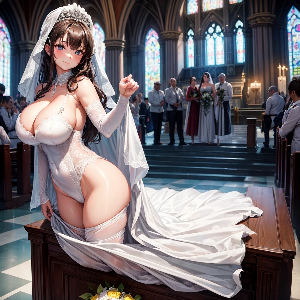 Girl with huge breasts in a provocative wedding dress at the altar 