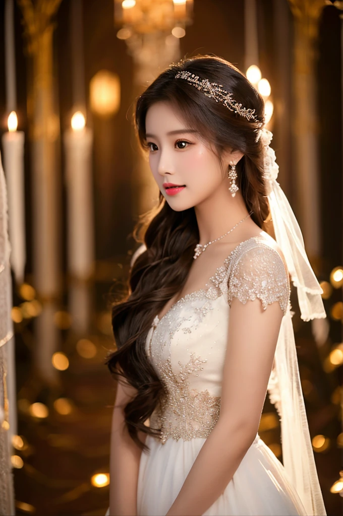 Generate an image of an extraordinarily beautiful 20-year-old Asian woman standing alone, whose beauty rivals that of a goddess of the fire element. She has large brown eyes, dark brown hair, glowing skin, and a captivating appearance. She is wearing a stunning white wedding dress that accentuates her elegance. The woman stands charmingly alone, her beauty appearing as if blessed by nature, in a very romantic and lovely aisle adorned with flowers and soft lighting, exuding a magical and serene atmosphere.