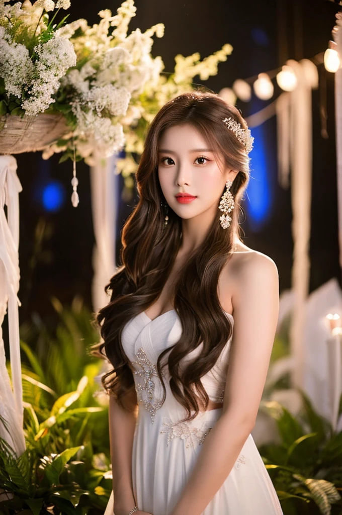 Generate an image of an extraordinarily beautiful 20-year-old Asian woman standing alone, whose beauty rivals that of a goddess of the fire element. She has large brown eyes, dark brown hair, glowing skin, and a captivating appearance. She is wearing a stunning white wedding dress that accentuates her elegance. The woman stands charmingly alone, her beauty appearing as if blessed by nature, in a very romantic and lovely aisle adorned with flowers and soft lighting, exuding a magical and serene atmosphere.