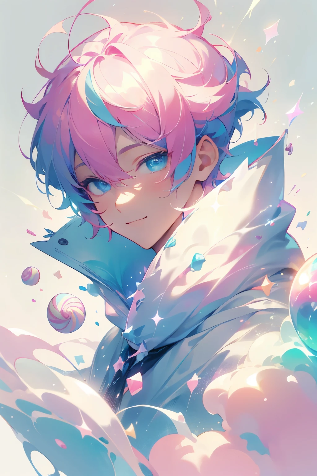 Masterpiece, highres, best quality, solo, 1 male, short hair, pink hair, blue eyes, white coat, smile facial, pastels, candy