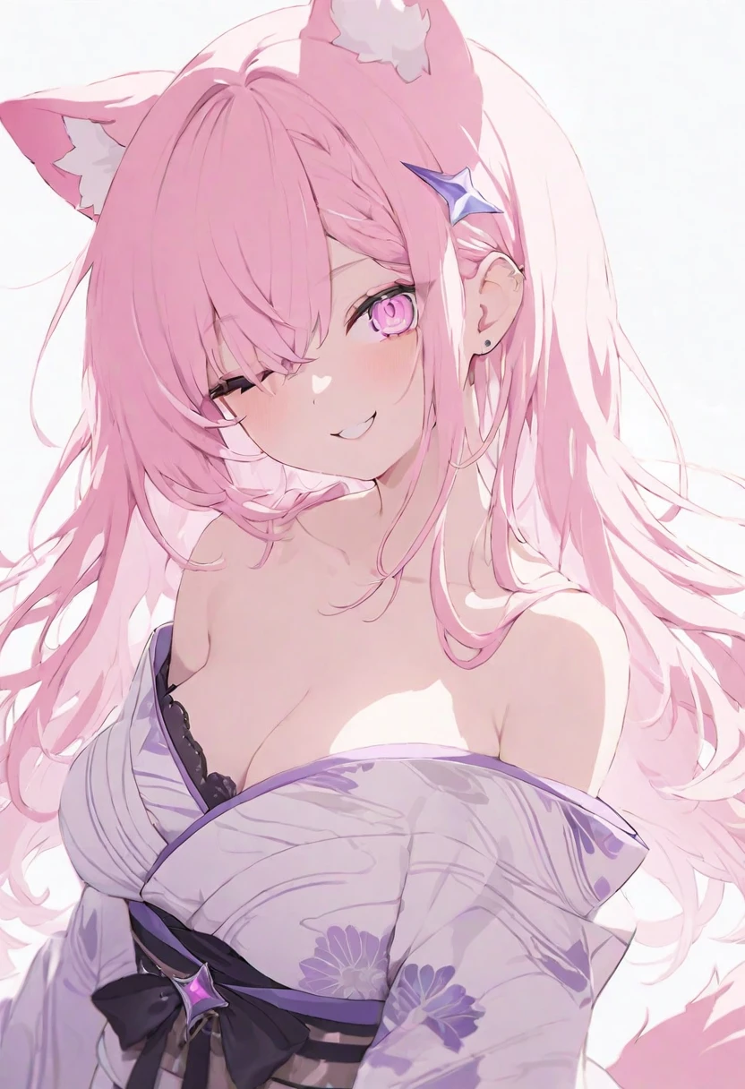 (muste piece), (best quality), very detailed eyes, expressive eyes, perfect face, very detailed face, highly detailed face, beautiful girl, 8K, beautiful girl, white background, delicate and beautiful face and eyes, dark intense shadow, 
1 girl, vtuber style, cool girl, hololive, uwawa Abyssgard, long hair, dog ears, dog tail, ligth pink eyes, kimono, big chest, clavicle, one eye close winking, smile, (whole body), standing, from back, looking back, sunrsing, 