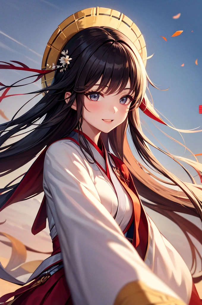 Highest quality, 4K quality, One girl, White Hanfu, , Long hair blowing in the wind, Healing Smile, 