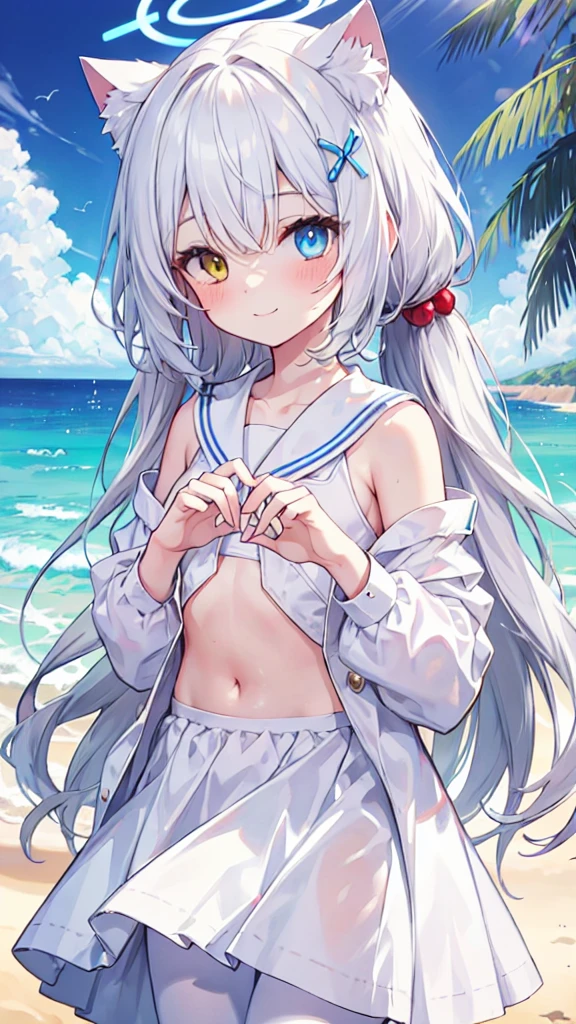 White sailor suit,White skirt,White pantyhose,White hair,Long hair,Cat ear,Heterochromia blue-yellow,Smile,Female face,There are bright spots in the eyes,Female hands,White little hands,Normal fingers,flat chest,Solitary,Summer,Beach,Halo