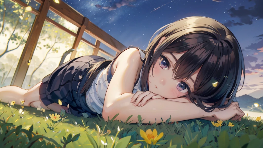 In the quiet of the night, a young girl sits on lush grass, her eyes fixed on the boundless starry sky. The stars twinkle faintly, illuminating her determined and clear gaze. In this tranquil moment, her heart is filled with longing and courage for the future, as if each star represents a goal and hope within her. Her posture exudes a deep determination, ready to face any challenge with the belief that she can create her own brightness and destiny