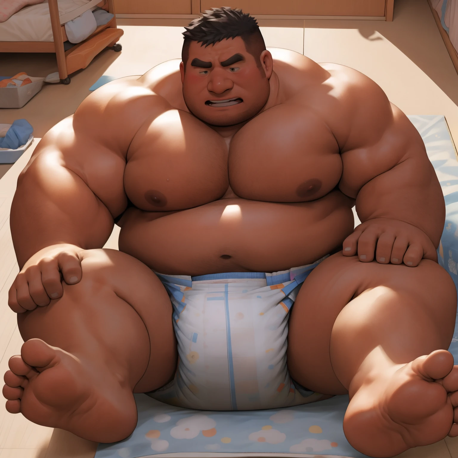 masterpiece, Top quality, in 32K, perfect anatomy, hyper detailed, photo realistic, super fine illustration, The thick man is a brutal prisoner, asian, retarded, human, 50yo in japan, Fatty muscle, (fatness:1.2), Bowleg, disappointment, incontinent, shy, sobbing, weak, sissy, Round face, be diaper check by children, There is a small puddle under him, Naked, short legs, Bowleg, spread and lifting legs, wear a White cloth Diaper, White Diaper without pattern, Pampers, Bare belly, Bare legs, Bare foots, Bare soles, Shirtless, wide forehead and short thinning hair, round face with stubble, Bare foots, Bare soles, He enters nursery school and is despised by children, He is taken care of by the children at the nursery school, He surrounded by children in playpen, Bare foots, big butt, White Diaper, sobbing, There is a small puddle under him, sobbing, He is lying in baby crib in nursery, top view, open diaper, Diaper change