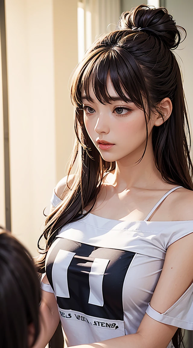 One girl, Idol, close, clavicle,  ,, photograph, movie, Depth of written boundary, Skin Texture, T-Shirts, rubber band, Topknot, Long Hair, Messy Hair,