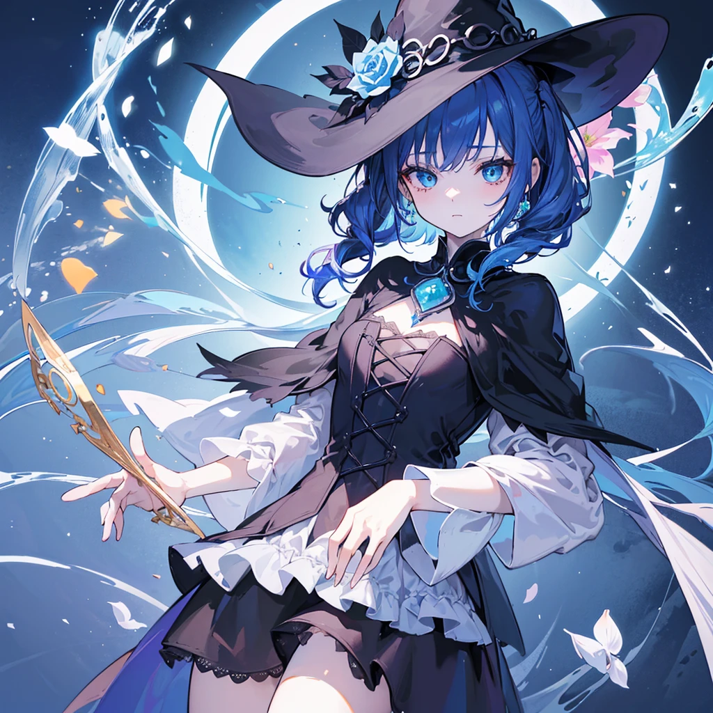 ((🧙♀️)), (black hat),{{{{Masterpiece}}}}, {{{Very detailed}}}, {{{High resolution}}}, {{Excellent anatomy}}, (((Top quality))), ((( very delicate and beautiful)), {{very detailed and delicate}}, {{illustration}},Happy magic, magic effects, magic circles, gradations,glowify,1girl, jewelry, 8k, beautiful, darkness, shining brightly, scare, flower,OuterWorldAI,chest,blue hair,short twintails,middle hair,sky blue eyes,