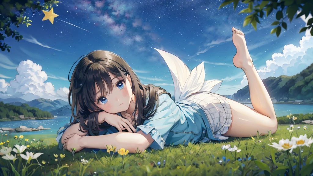 In the quiet of the night, a young girl sits on lush grass, her eyes fixed on the boundless starry sky. The stars twinkle faintly, illuminating her determined and clear gaze. In this tranquil moment, her heart is filled with longing and courage for the future, as if each star represents a goal and hope within her. Her posture exudes a deep determination, ready to face any challenge with the belief that she can create her own brightness and destiny