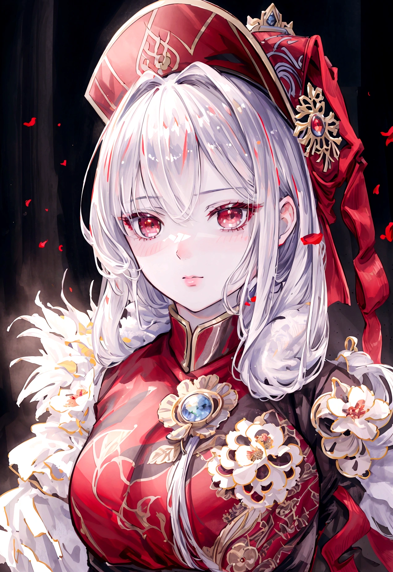 (best quality,4k,8k,highres,masterpiece:1.2), ultra-detailed, (deformed, photorealistic, photo-realistic:1.3), Female, 30, Mongolian, aristocrat, wearing red hat in medieval fantasy style, thin silver hair, blank expression, cold eyes, night meadow in background.