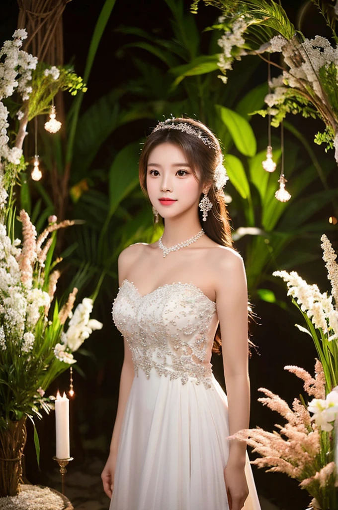 Generate an image of an extraordinarily beautiful 20-year-old Asian woman standing alone, whose beauty rivals that of a goddess of the fire element. She has large brown eyes, dark brown hair, glowing skin, and a captivating appearance. She is wearing a stunning white wedding dress that accentuates her elegance. The woman stands charmingly alone, her beauty appearing as if blessed by nature, in a very romantic and lovely aisle adorned with flowers and soft lighting, exuding a magical and serene atmosphere.