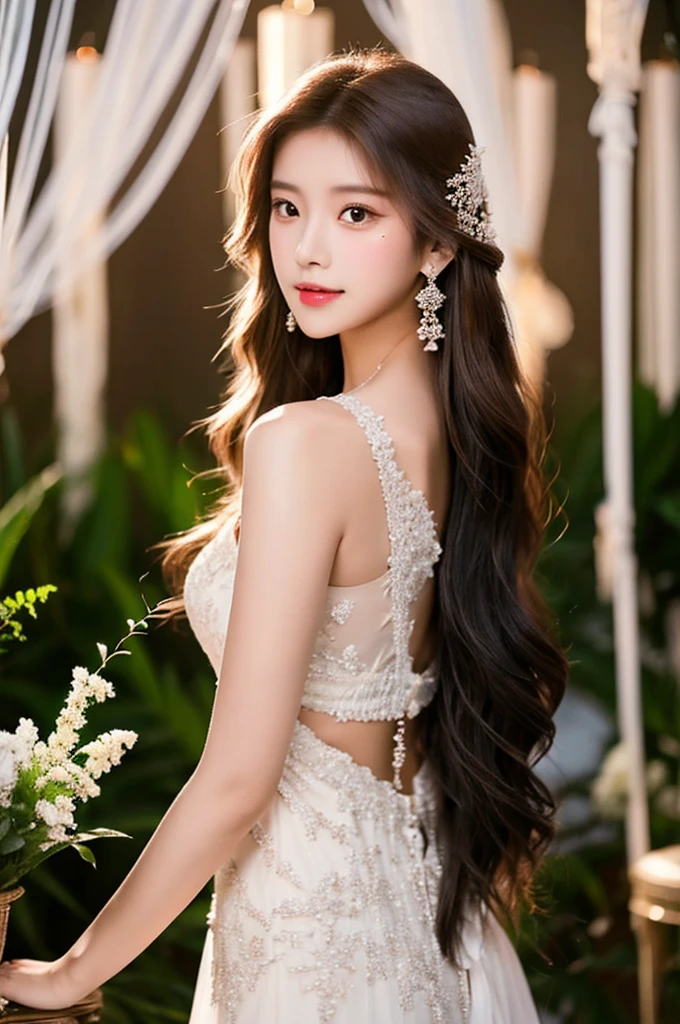 Generate an image of an extraordinarily beautiful 20-year-old Asian woman standing alone, whose beauty rivals that of a goddess of the fire element. She has large brown eyes, dark brown hair, glowing skin, and a captivating appearance. She is wearing a stunning white wedding dress that accentuates her elegance. The woman stands charmingly alone, her beauty appearing as if blessed by nature, in a very romantic and lovely aisle adorned with flowers and soft lighting, exuding a magical and serene atmosphere.