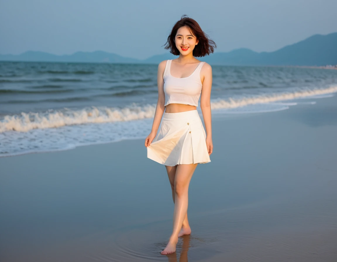 8K, sunset red sun on the beach,A strong lingering scent is reflected in the sea., Beautiful 36-year-old short Korean woman, Chest size 34 inches, Wear sleeveless, light and short white skirt. beautiful pretty woman look , wearing a light skirt , Go far into the sea water and dip your toes., Short medium hair blowing in the wind, 1 woman, beautiful eyes, a little smile, Full-body photo taken from afar with a wide-angle lens, Danang Beach in Vietnam with clean and perfect background, the waves are coming, The picture quality is very clear and clear
