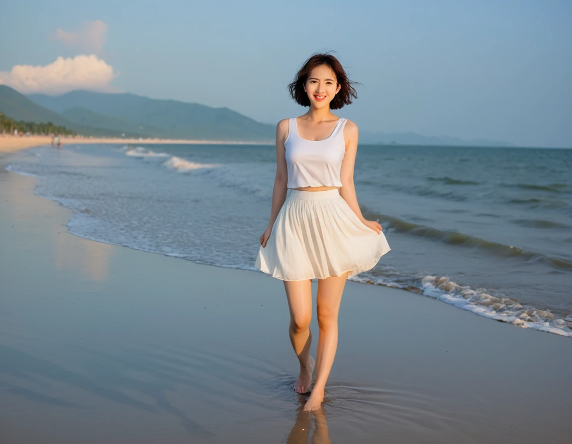 8K, sunset red sun on the beach，A strong lingering scent is reflected in the sea., Beautiful 36-year-old short Korean woman, Chest size 34 inches, Wear sleeveless, light and short white skirt. beautiful pretty woman look , wearing a light skirt , Go far into the sea water and dip your toes., Short medium hair blowing in the wind, 1 woman, beautiful eyes, a little smile, Full-body photo taken from afar with a wide-angle lens, Danang Beach in Vietnam with clean and perfect background, the waves are coming, The picture quality is very clear and clear