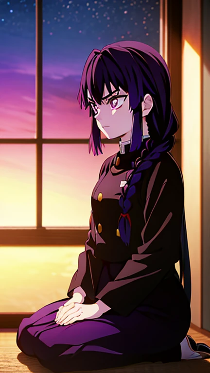 demon slayer anime style, Kotouji Agamaki, 1 girl 22 years old, serious and calm with gold eyes and pronounced eyebrows, Long straight braided hair surrounding your hair, dark purple hair with the most striking violet tips and two side sideburns of hair and long bangs, She wears a long-sleeved hunter uniform with a dark magenta skirt and everything., a katana, a black japanese coat with gold floral). Kimetsu no yaiba anime. sitting on his legs, in a fic, next to a window from head to toe with landscape background of a cherry tree and a sunset,