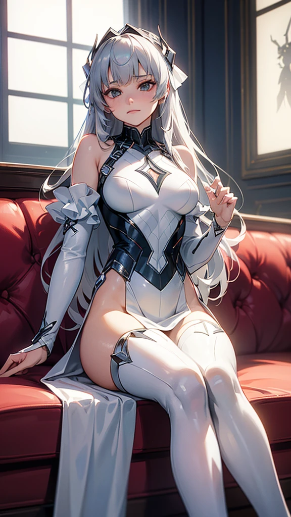 Cross-legged pose、Detailed cute face、Detailed Details、(Highly Detailed CG Unity 8K Wallpaper, masterpiece, Highest quality), (Exquisite lighting and shadows, A very dramatic picture, Cinema Lens Effects), a girl in a white costume, Silver-gray hair color, from the Spider-Man parallel universe, Wenger, Marvel, Sitting on the couch, Dynamic pose、Absolute area、), (Amazing details, Excellent lighting, Wide-angle), (Excellent rendering, Stand out in the same class), focus on white ビキニ costumes, Intricate spider texture, Perfect composition