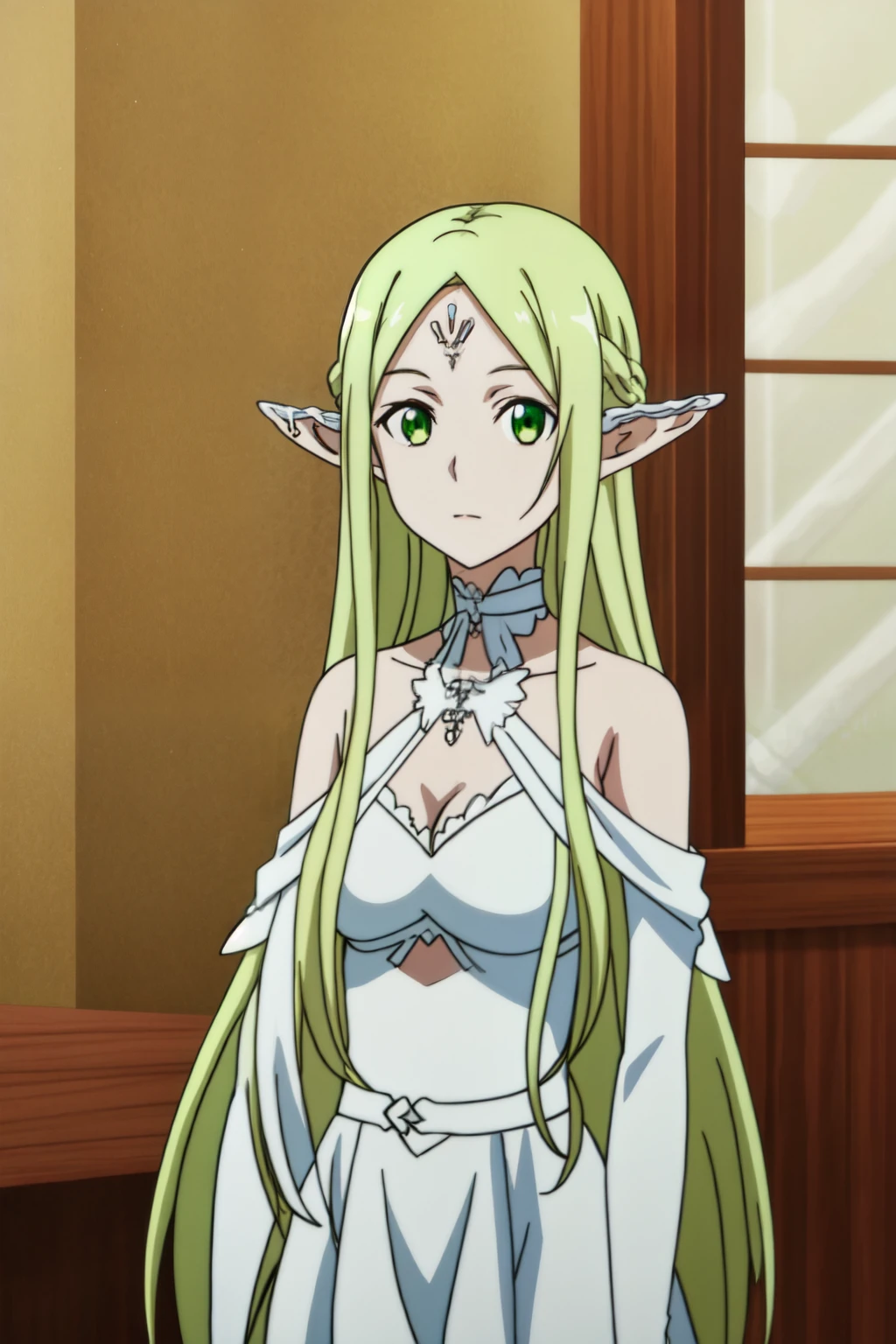 Masterpiece, beat quality, ((anime art style)), elf Girl, light green hair, pointed ears, jade eye, (NPC_freyja), big chest, white clothes with gold details, white wand in hand, skin as white as powdery snow. His disguise had long flowing, deep brown-gold/tea-gold hair and pupils of the same colour. The disguise also had a beautiful face that was sublimed with western European beauty, and she wore a white dress