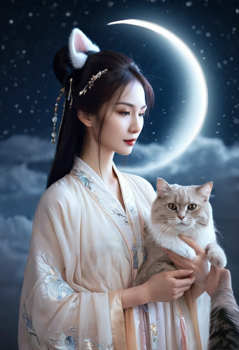 Apparition ，Girl, Cat ear, Beautiful oriental woman, Moonlit Night Background , Realistic Women, lovely
