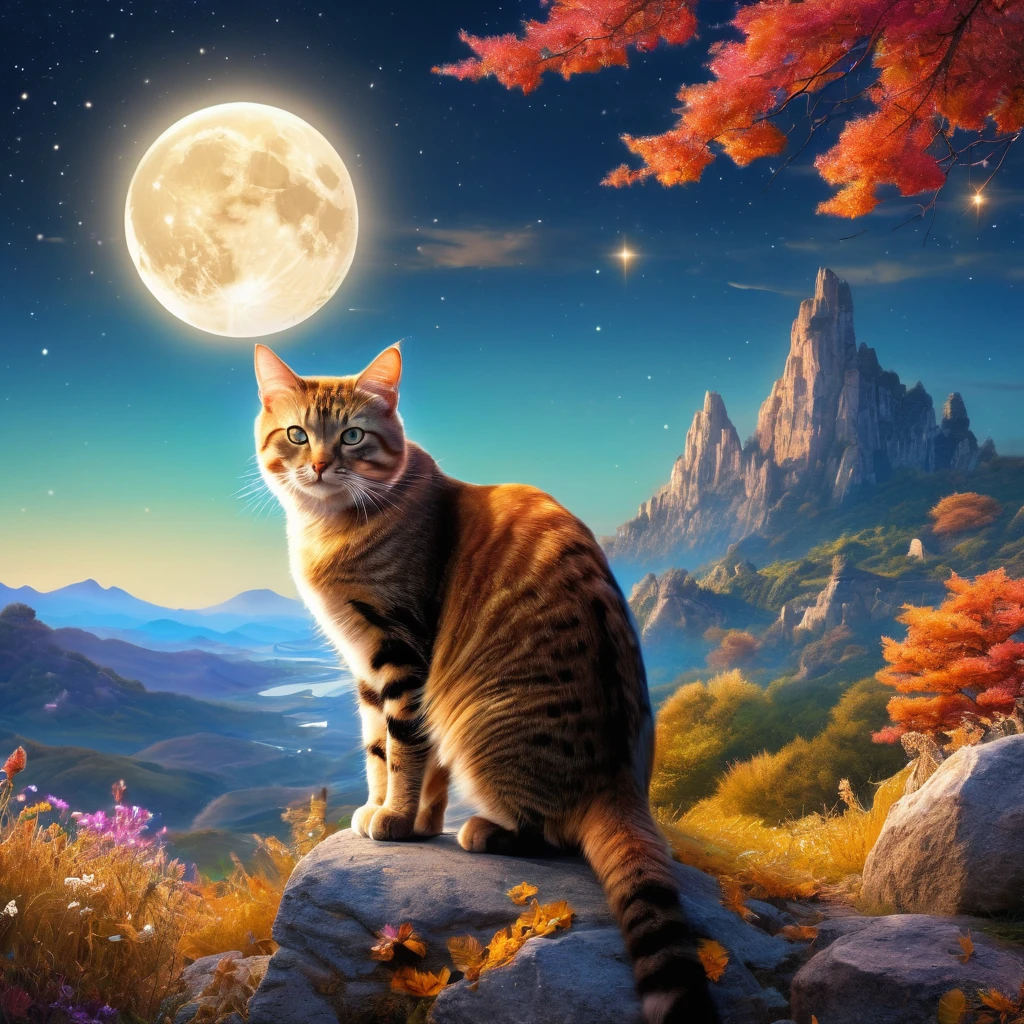 chat, moon, Cat, In the landscape, Magical atmosphere, mystery,(Highest quality, High resolution,Very detailed,Realistic:1.2),Bright colors, Sharpness, High resolution, Fantasy, Magical Landscapes, Glossy crystals, Great lighting, Sublime Beauty, mystery的な闇, ambiance surRealistic, A fascinating sight.