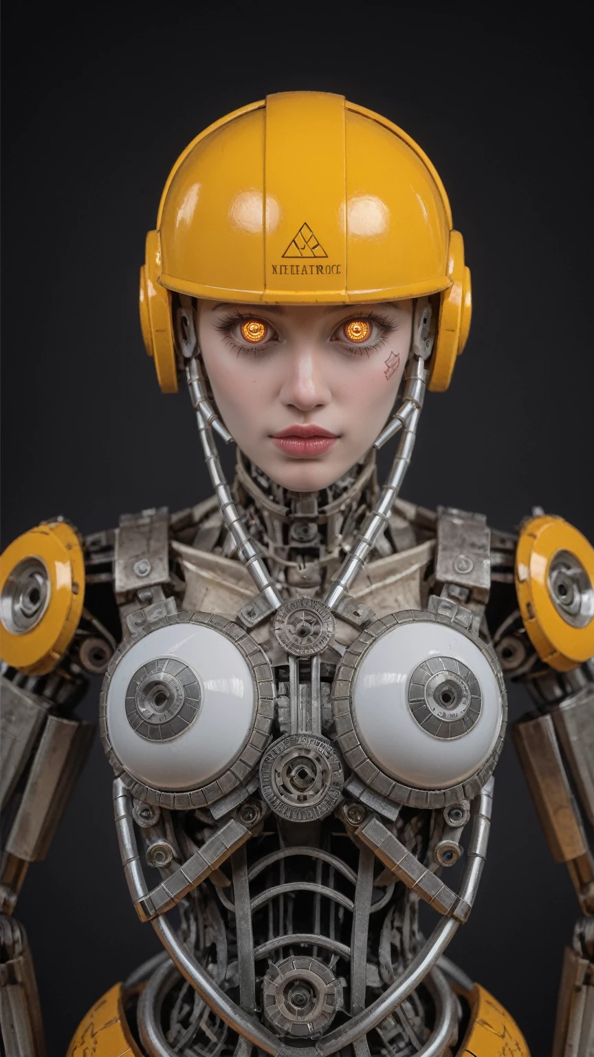 realistic,score_9, score_8_up, score_7_up,
robotic figure, prominent yellow helmet, weathered, rusted, large circular eyes, glowing, enigmatic, haunting, patchwork body, mechanical parts, gears, tubes, aged metals, corroded materials,UnderBoob,