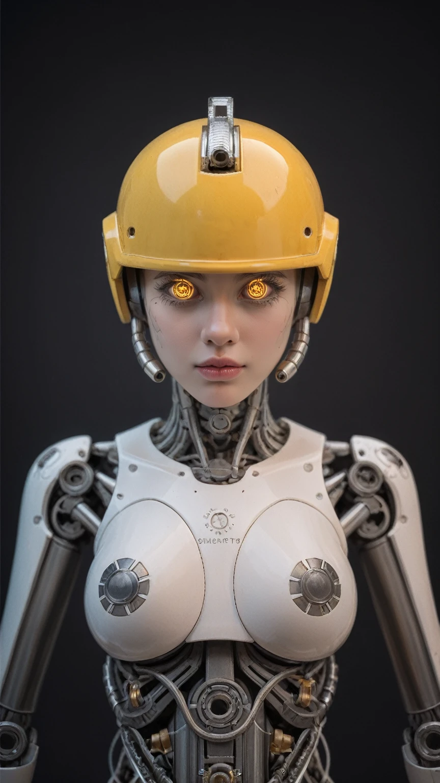 realistic,score_9, score_8_up, score_7_up, 
robotic figure, prominent yellow helmet, weathered, rusted, large circular eyes, glowing, enigmatic, haunting, patchwork body, mechanical parts, gears, tubes, aged metals, corroded materials,UnderBoob,